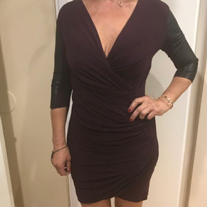 Michelle Mason Ruched Dress with Leather Sleeves